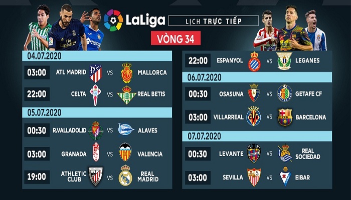 Trực tiếp La Liga vòng 34 trên VTVcab